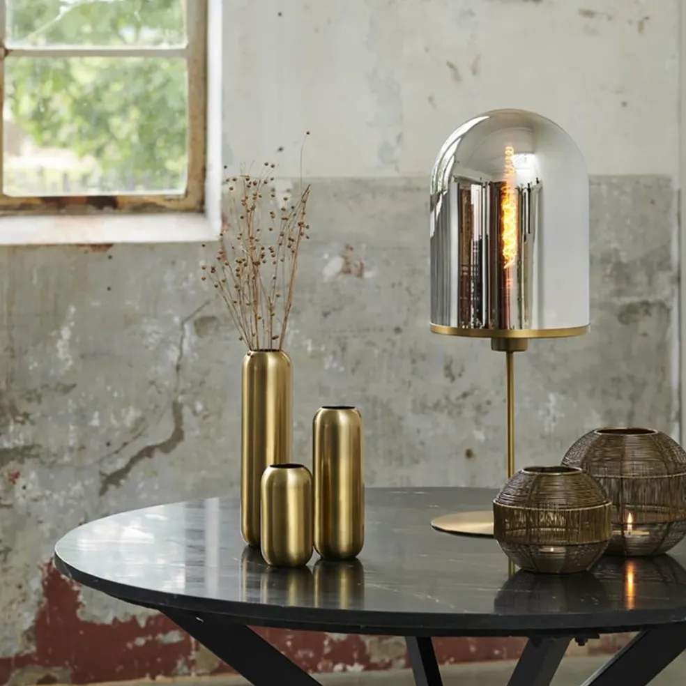 Antiek bronzen tafellamp Maverick met smoke glas groot