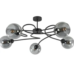 Chique 5-lichts plafondlamp zwart met smoke glazen bollen
