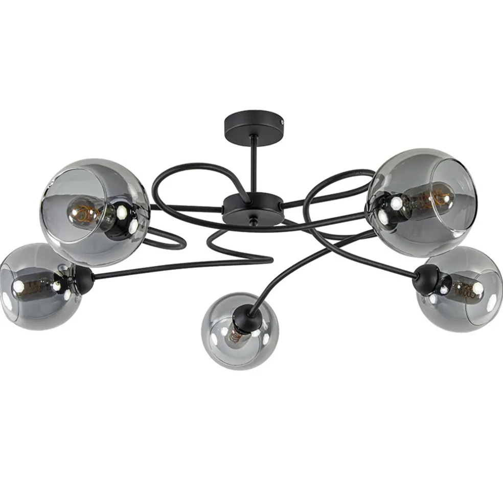 Chique 5-lichts plafondlamp zwart met smoke glazen bollen