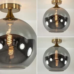 Chique plafondlamp goud met smoke/titanium glazen bol