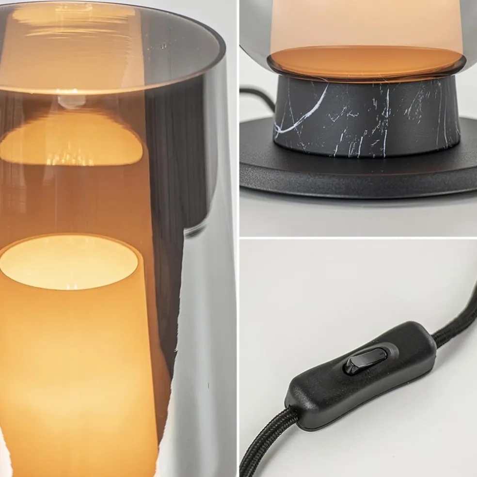 Chique tafellamp zwart marmer met smoke glazen kap