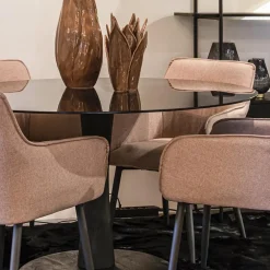 Eetkamertafel ronde glazen plaat zwart met mango houten voet