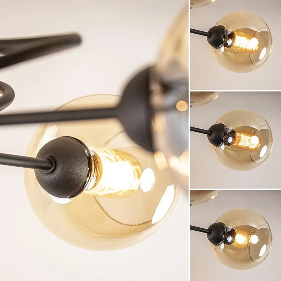 Elegante 5-lichts plafondlamp met amber glazen bollen