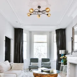 Elegante 5-lichts plafondlamp met amber glazen bollen