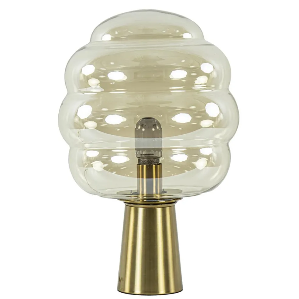 Gouden tafellamp Misty met amber glazen kap L&L