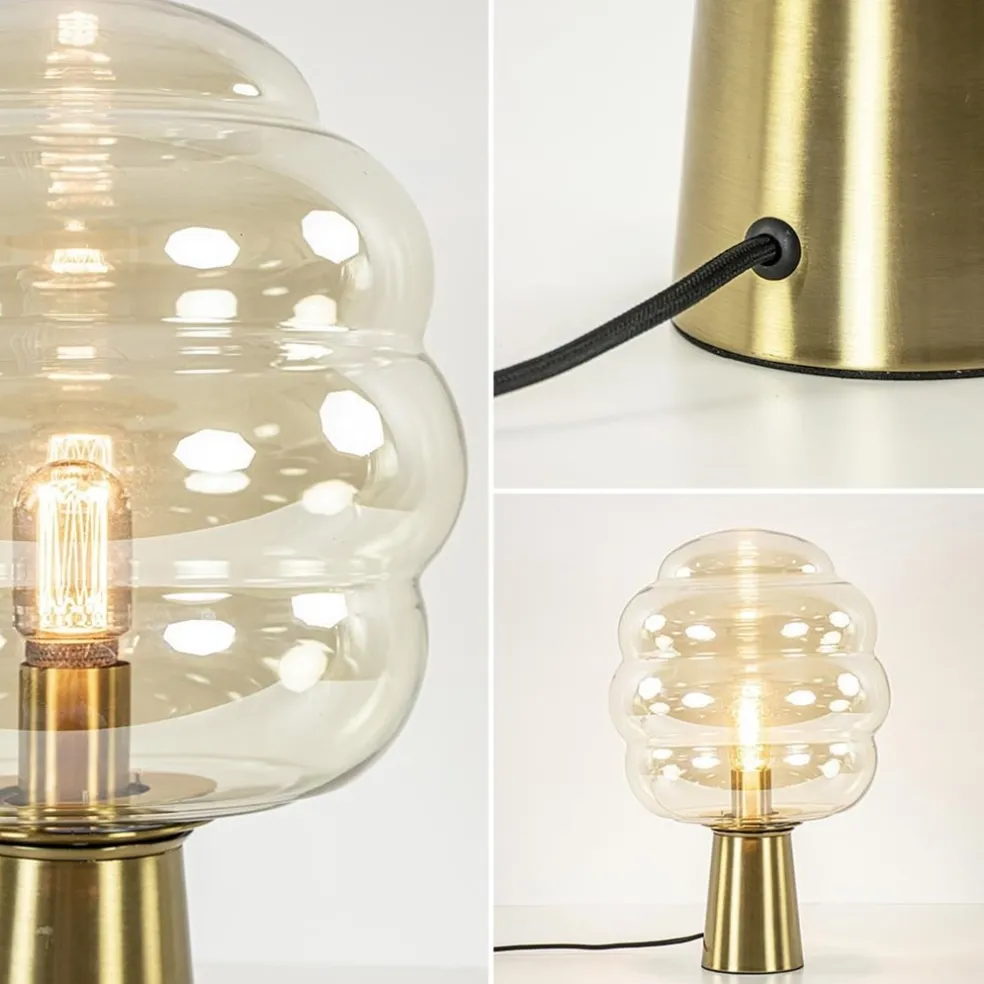 Gouden tafellamp Misty met amber glazen kap L&L
