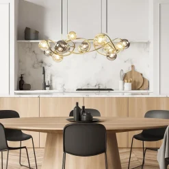 Grote hanglamp goud met amber/smoke glazen bollen