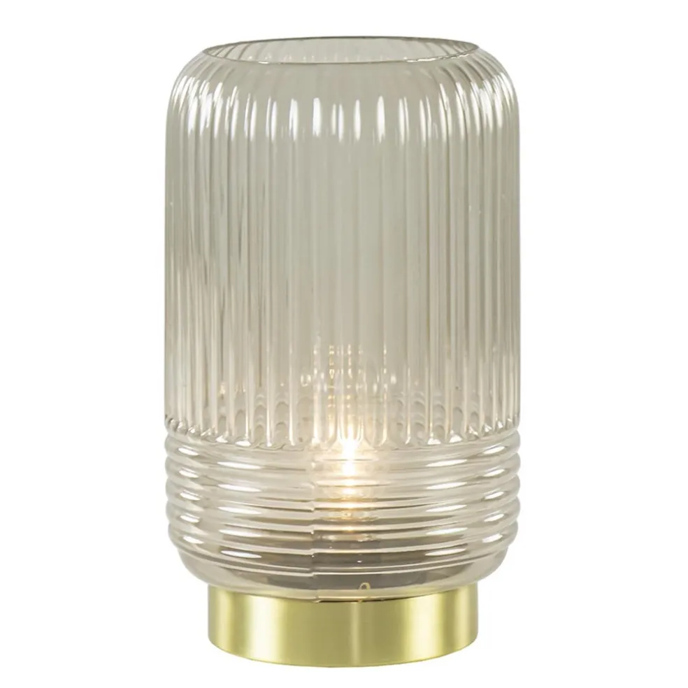 Grote Lipa tafellamp batterijen warm licht grijs ribbel glas