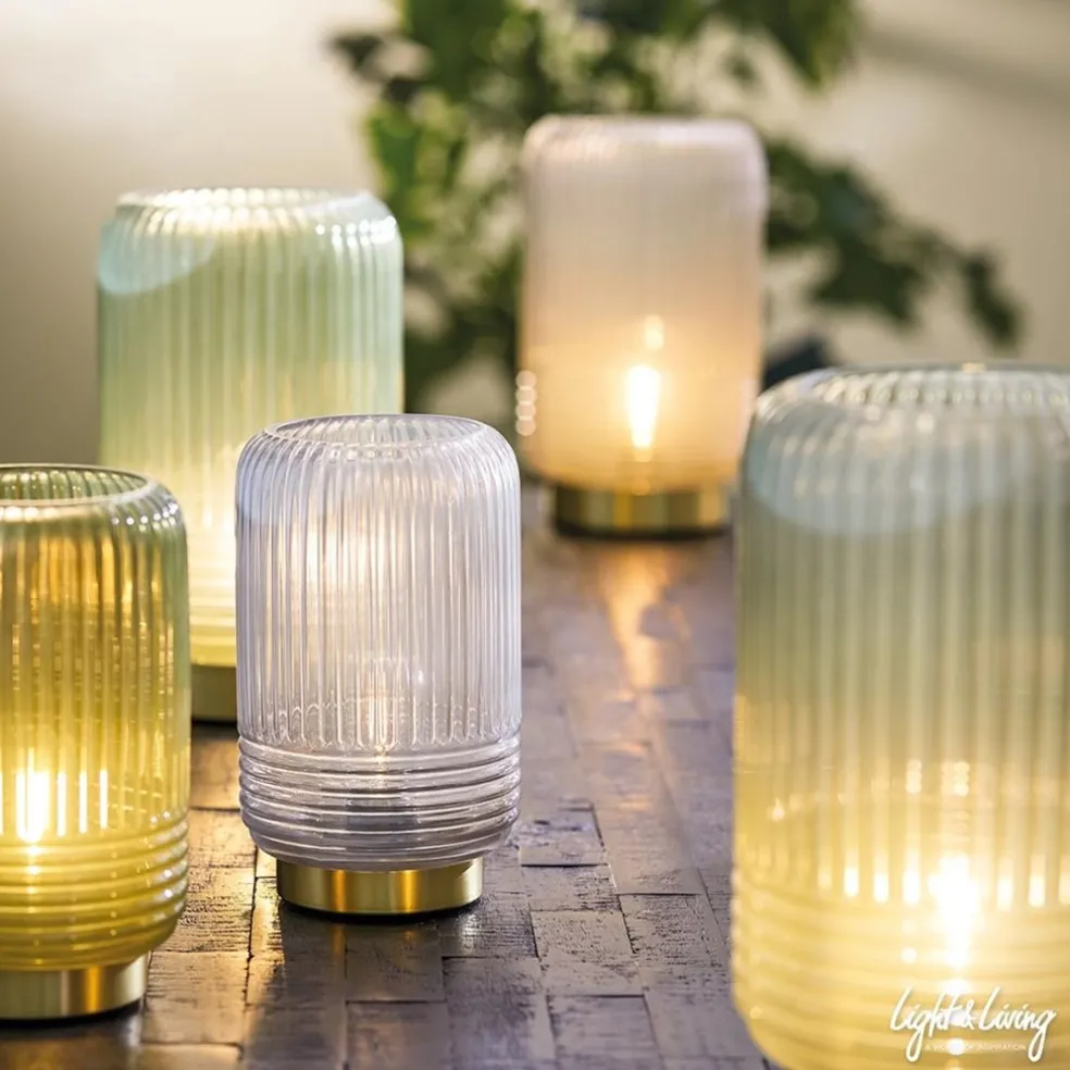 Grote Lipa tafellamp batterijen warm licht grijs ribbel glas