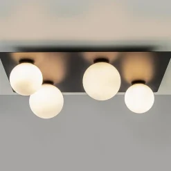 Grote plafondlamp rechthoekig zwart met witte bollen