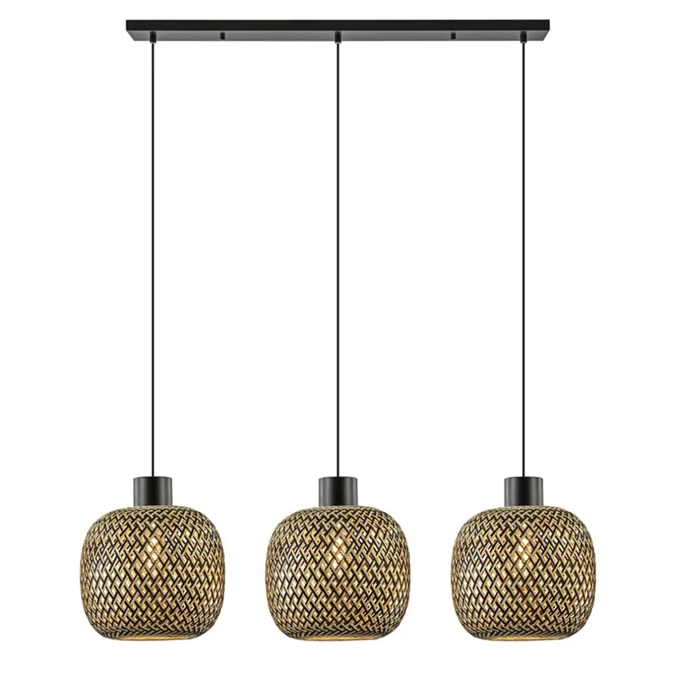 Hanglamp balk 3L zwart + bamboe