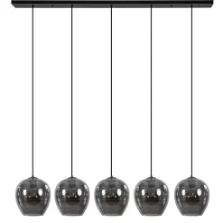 Hanglamp balk zwart 5-lichts smoke glas