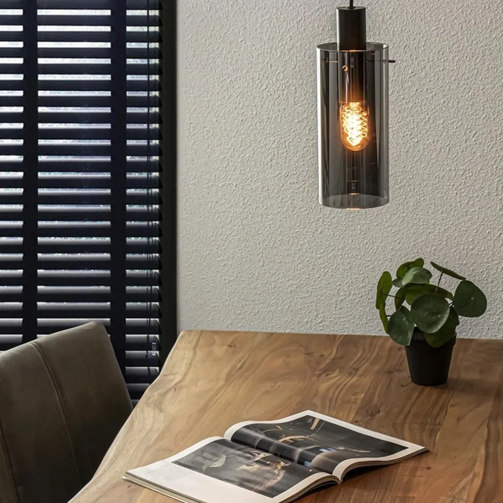 Hanglamp cilinder zwart met smoke glas