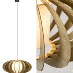 Hanglamp 64cm houten lamellen+linnen kap