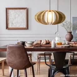 Hanglamp 64cm houten lamellen+linnen kap