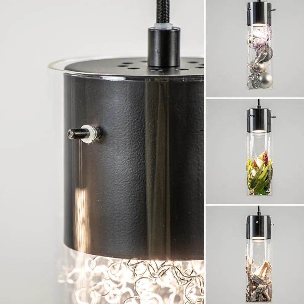 Hanglamp 3L rond zwart met cilinder glas