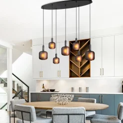 Hanglamp 7-lichts ovaal met mat zwart glas