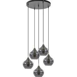 Hanglamp Rakel 5L rond antiek brass + smoke glas