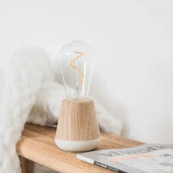 Houten tafellamp met helder glas oplaadbaar/dimbaar