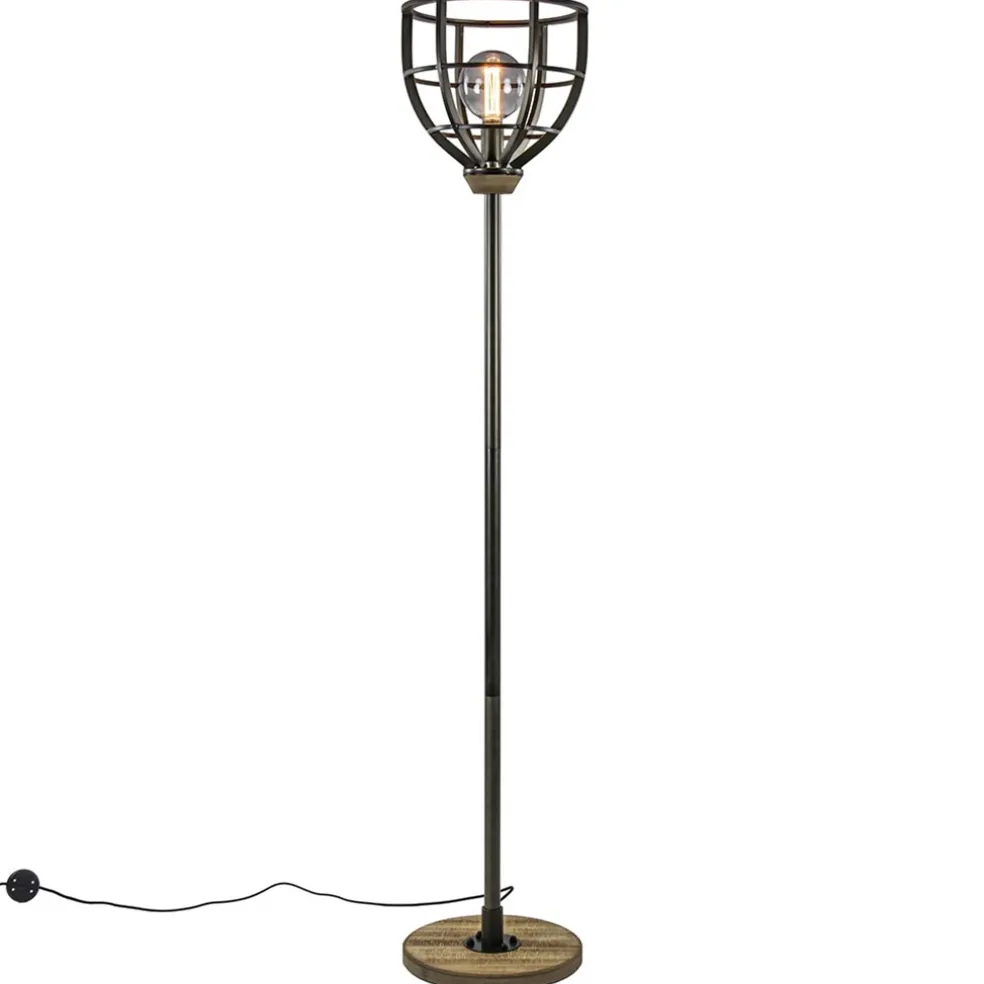 Industriële vloerlamp zwart staal met houten details