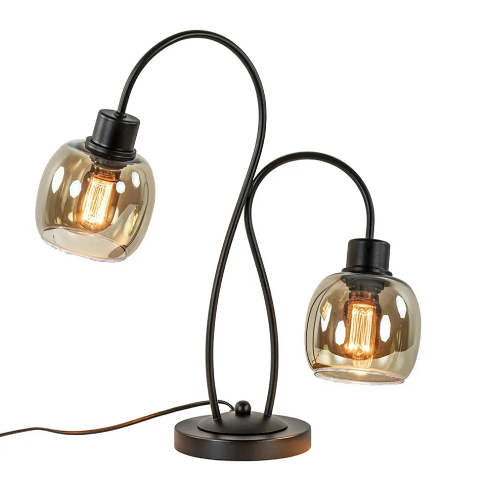 Klassieke 2-lichts tafellamp zwart met smoke glas