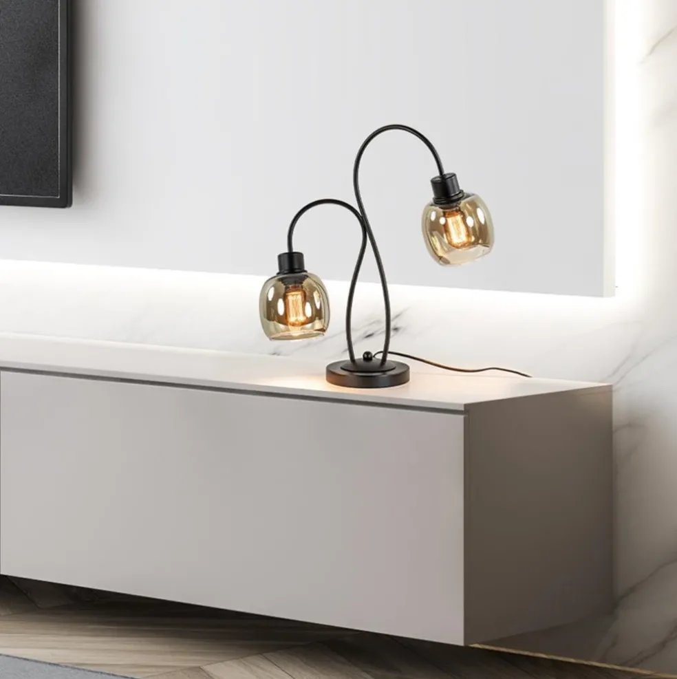 Klassieke 2-lichts tafellamp zwart met smoke glas