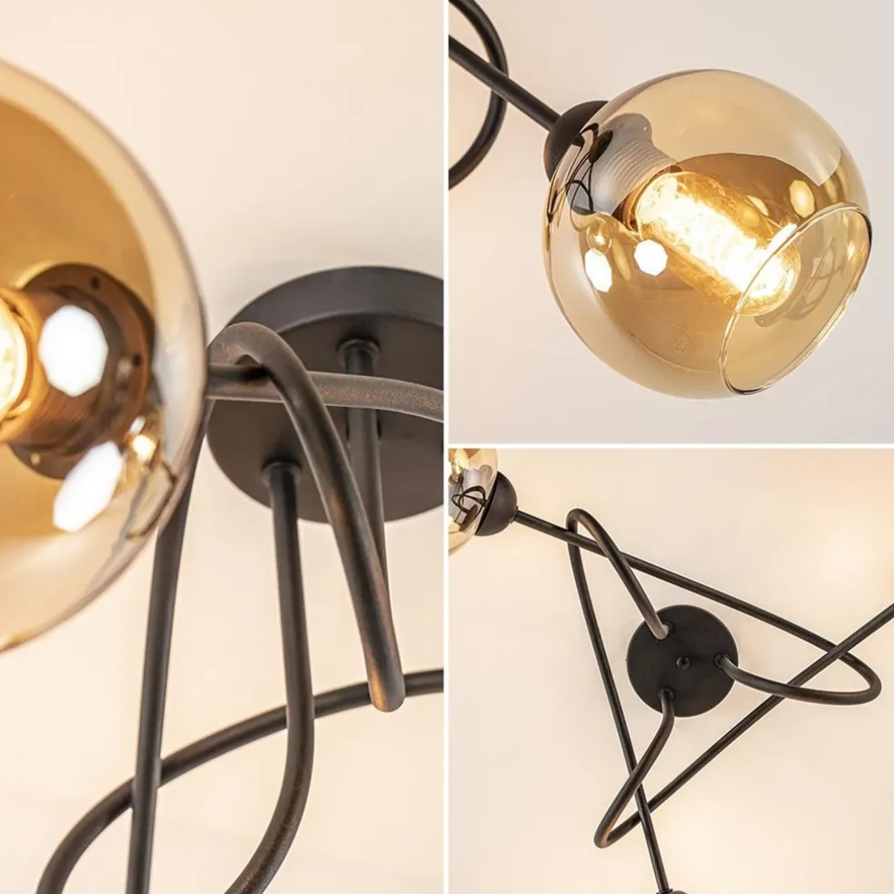 Klassieke plafondlamp 3-lichts met amber glas