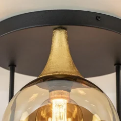 Klassieke plafondlamp zwart/goud met amber glas