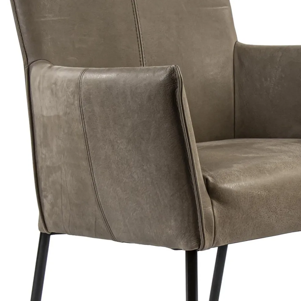 Lederen armstoel taupe met zwarte poot en wieltjes