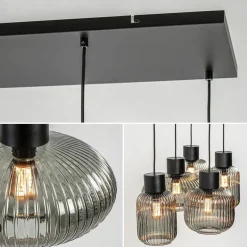 5-Lichts eettafelhanglamp geribbeld smoke glas met zwart