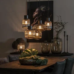 5-Lichts eettafelhanglamp geribbeld smoke glas met zwart