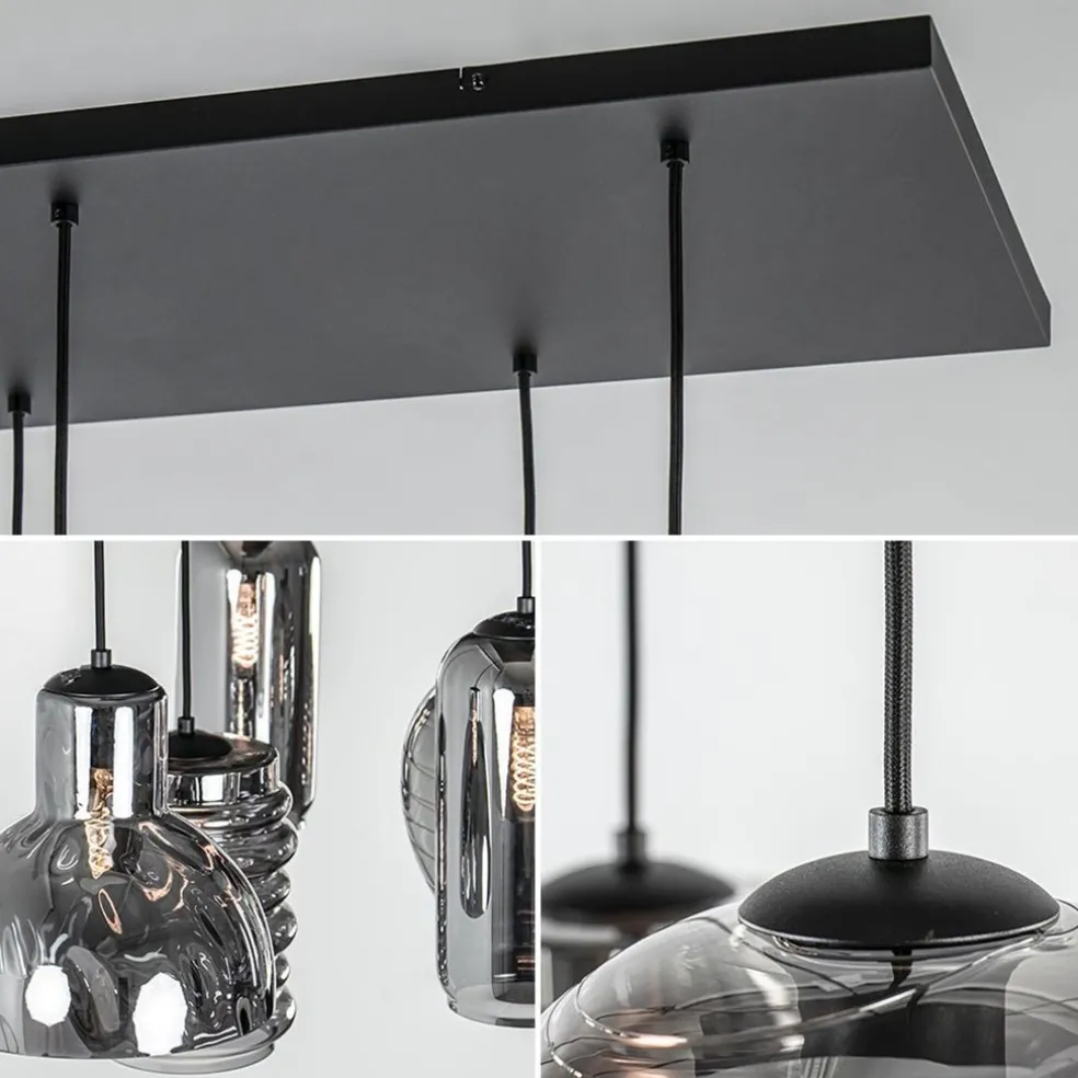 6-Lichts eettafelhanglamp met smoke/titanium glas