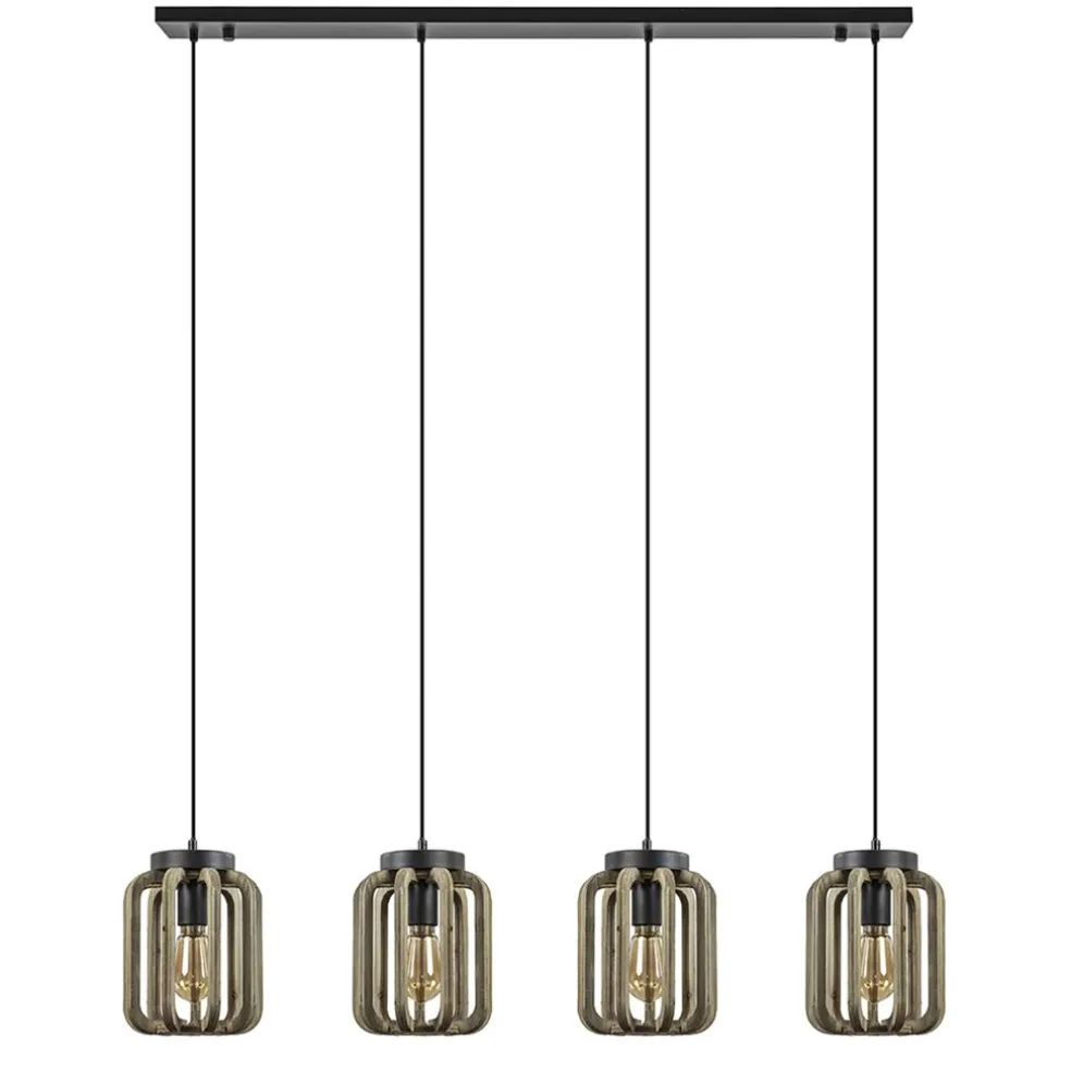 4-Lichts eettafelhanglamp mat zwart met ruw hout