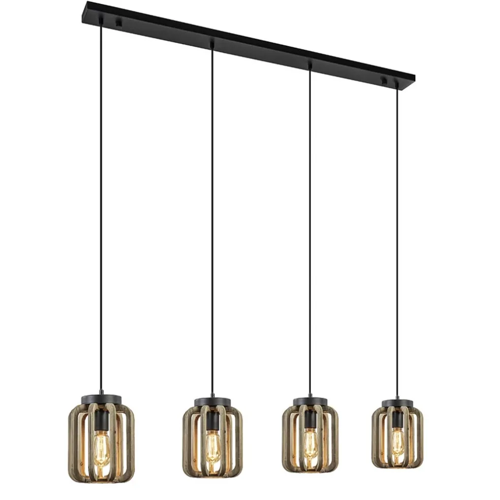 4-Lichts eettafelhanglamp mat zwart met ruw hout