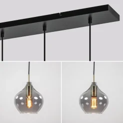 5-Lichts eettafelhanglamp Rakel antiek brass met smoke glas