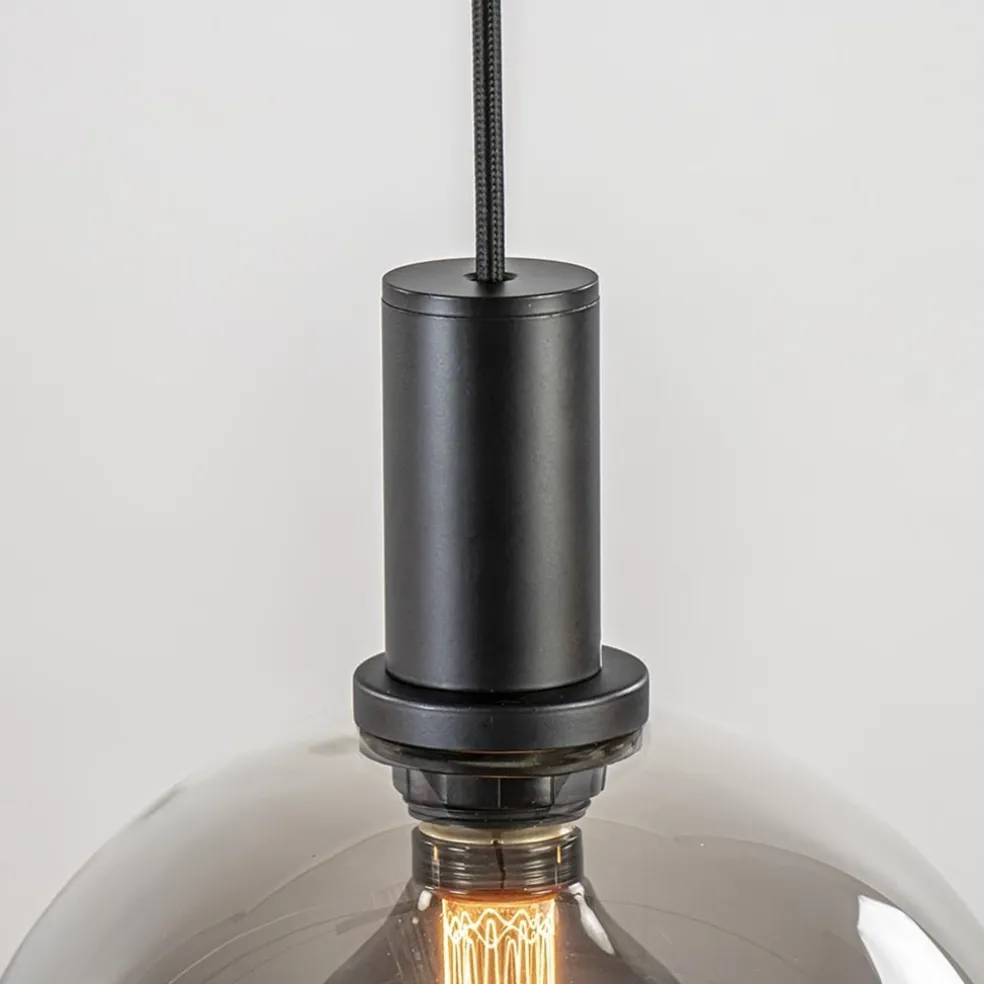 4-lichts eettafelhanglamp zwart met smoke glazen bollen