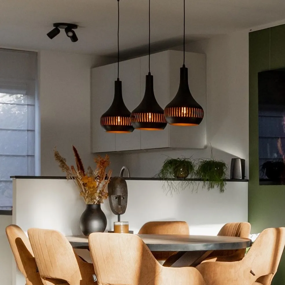 3-Lichts hanglamp kegels mat zwart met goud