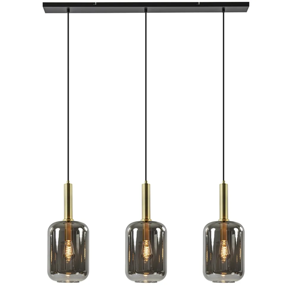3-Lichts hanglamp Lekar antiek brons met smoke glas