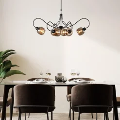 6-Lichts hanglamp mat zwart met smoke glazen kappen