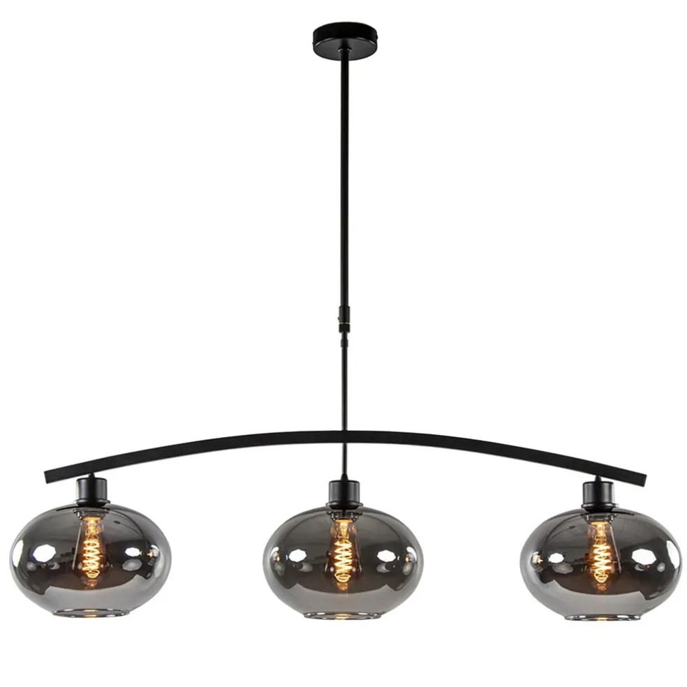 3-Lichts retro hanglamp zwart met smoke glas