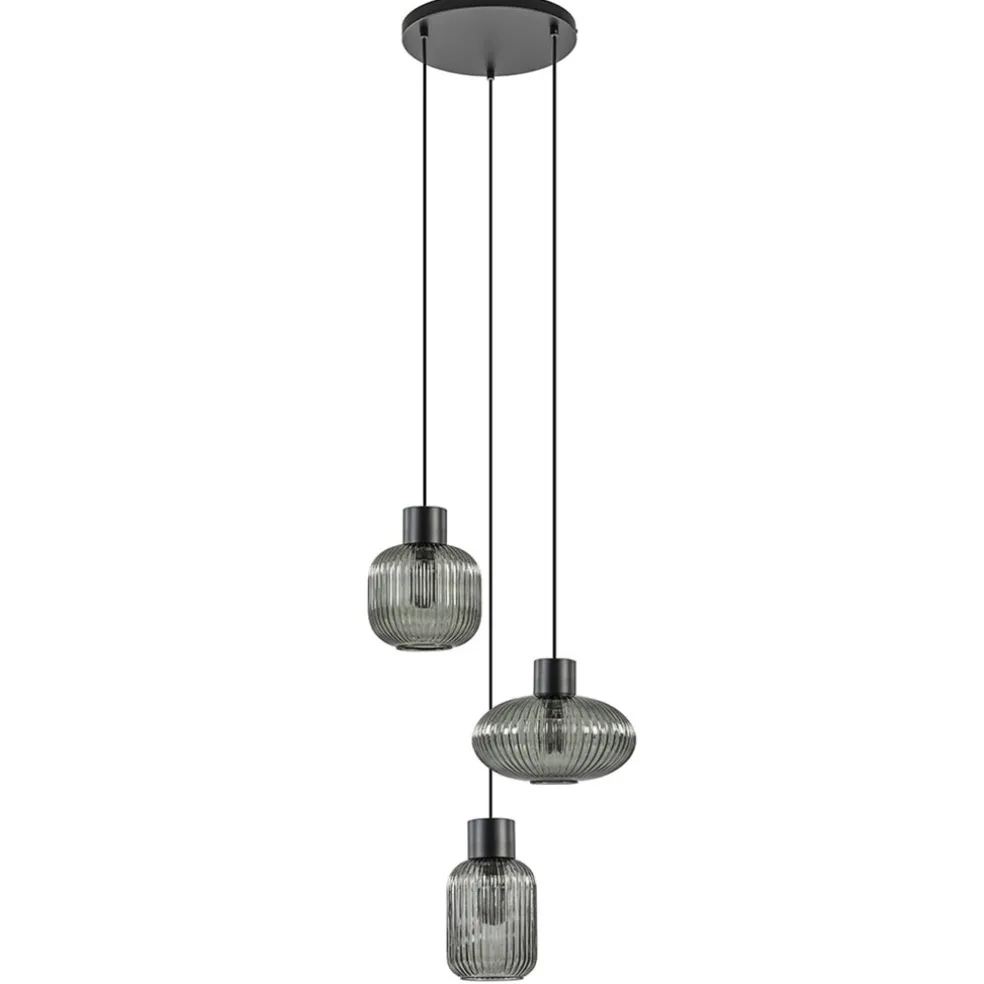 3-Lichts ronde eettafelhanglamp zwart met smoke glas