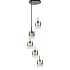 5-Lichts ronde hanglamp zwart met titanium/helder glas