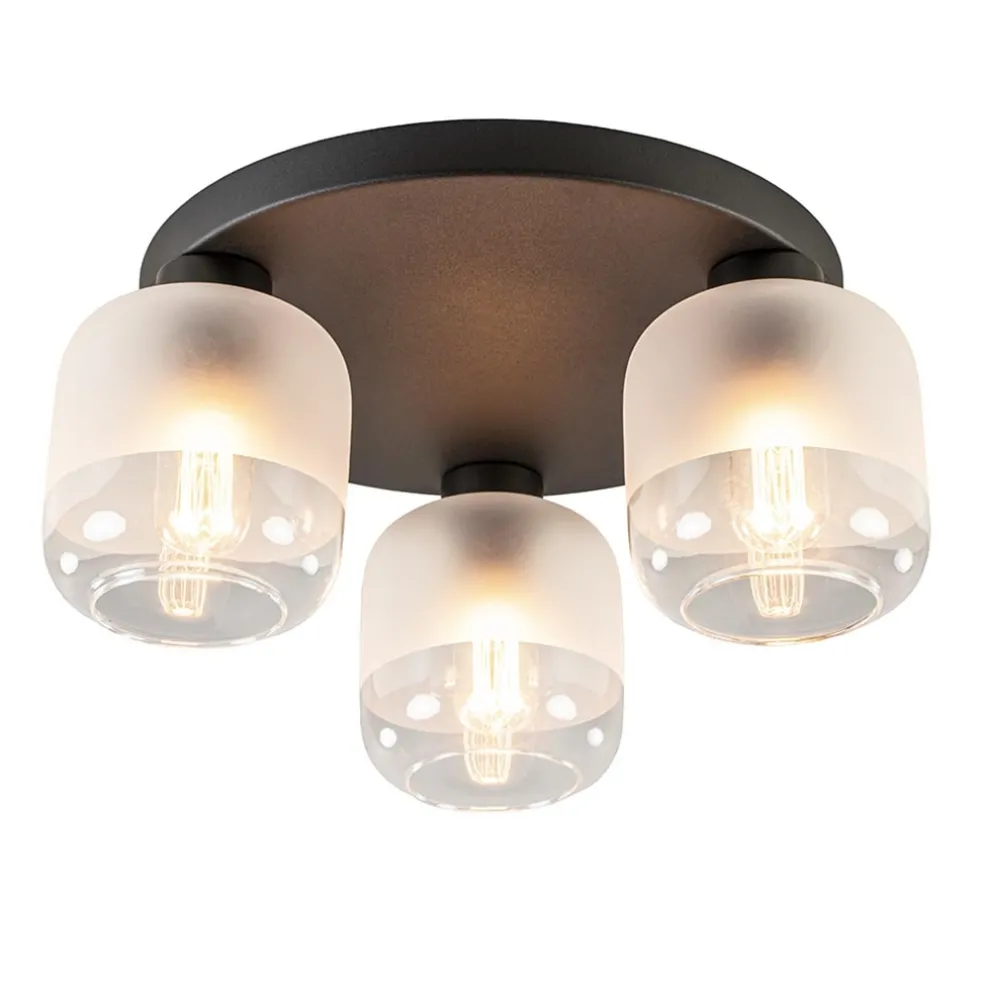 3-Lichts ronde plafondlamp zwart met helder/mat glas