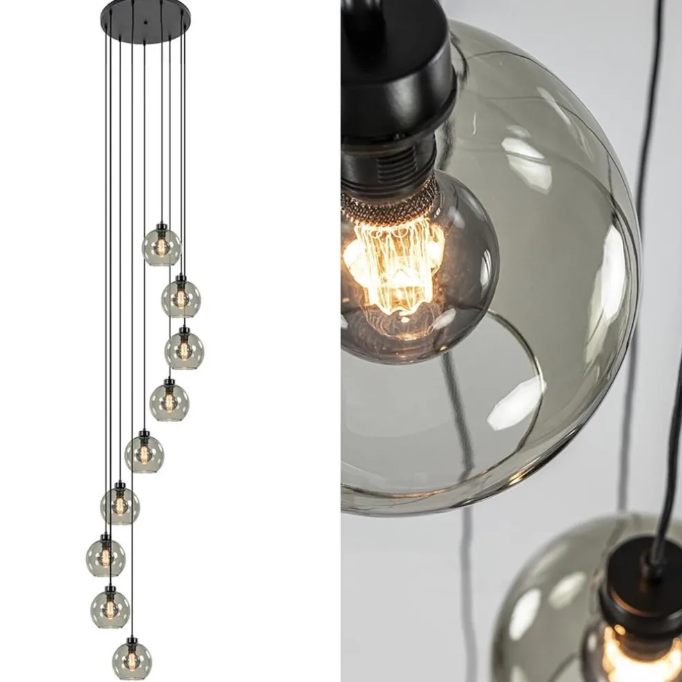 9-Lichts videlamp zwart met smoke glazen kappen