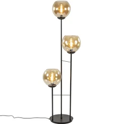 3-Lichts vloerlamp mat zwart met amber glazen bollen