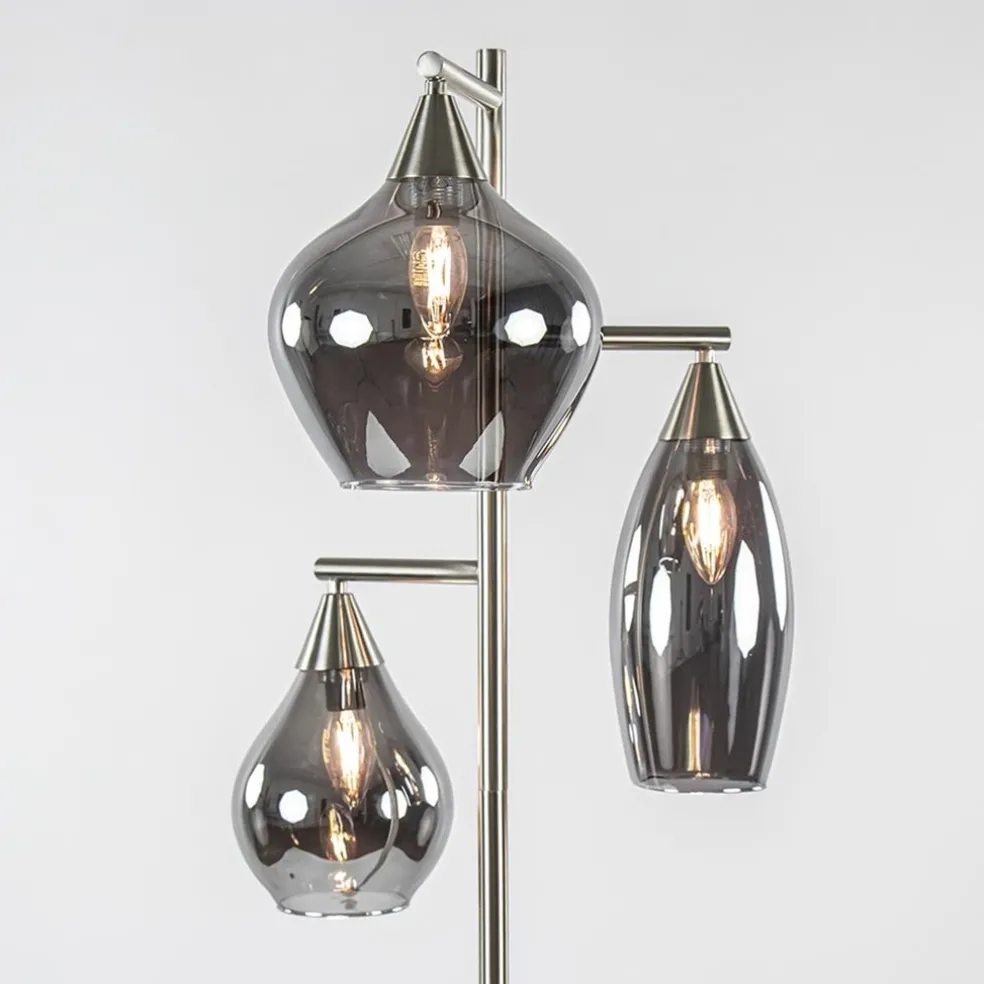 3-Lichts vloerlamp nikkel met smoke glazen kappen dimbaar