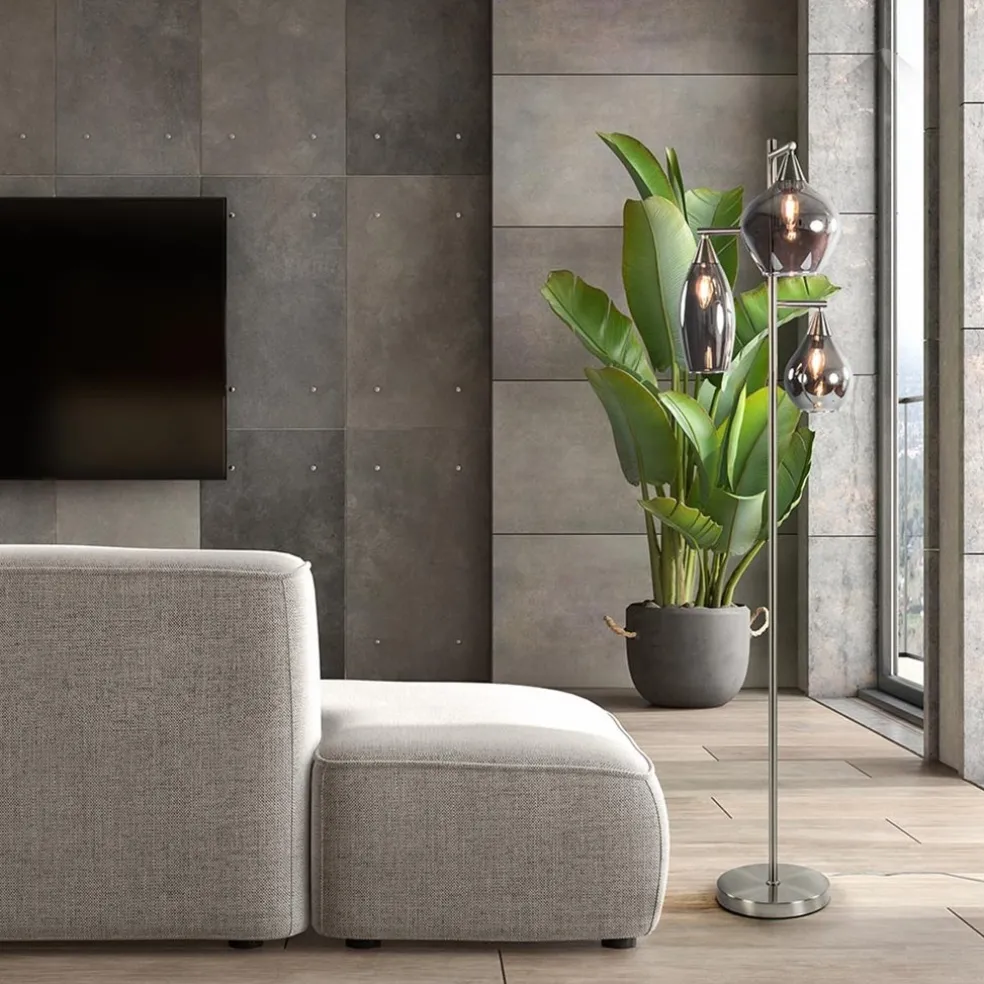 3-Lichts vloerlamp nikkel met smoke glazen kappen dimbaar