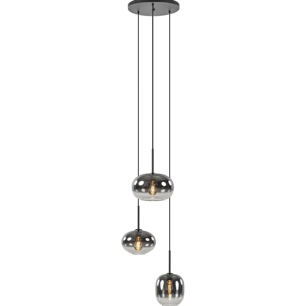 Luxe 3-lichts hanglamp rond met smoke glazen kappen