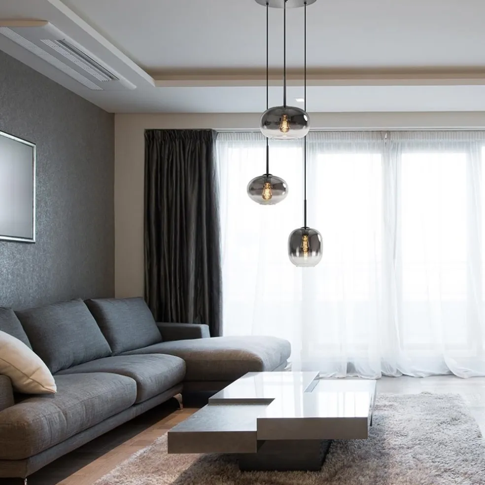 Luxe 3-lichts hanglamp rond met smoke glazen kappen