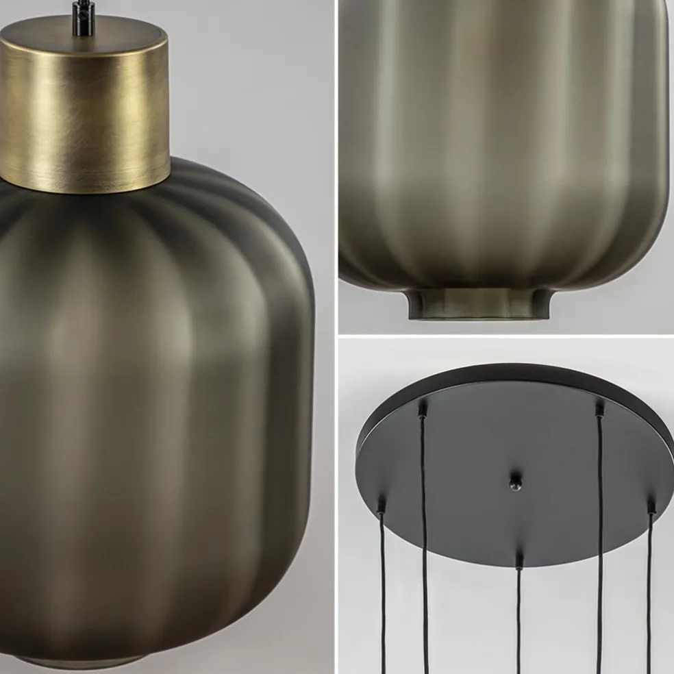 Luxe 5-lichts videlamp zwart/brass met mat zwart glas